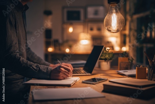 Man working late at home office on a laptop, planning startup finances with notebook and smartphone, cozy modern interior.