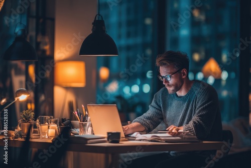 Man working late at home office on a laptop, planning startup finances with notebook and smartphone, cozy modern interior.