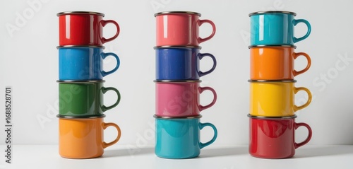  Vibrant Enamelware Coffee Cups Stacked High, Clean White Background