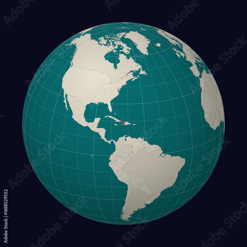 Republic of Haiti on the map. Globe centered to Haiti. Country location on the world map. Teal Pale Mint color palette. Globe with countries, meridians and parallels. Classy vector illustration.