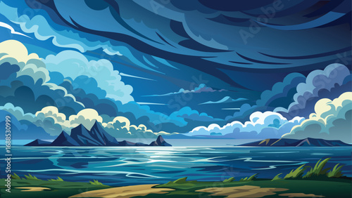 Vast sea meets the horizon under a cloudy sky, with distant mountains reflecting on the blue water
