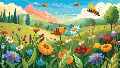 A vibrant cartoon landscape with colorful flowers and a butterfly fluttering in the summer sky