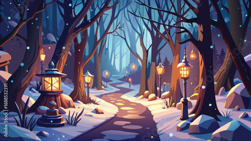 Fantasy vector illustration of a dark, old vintage Christmas tree in a forest at night, with the moon and lights against the sky