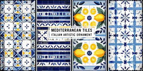 Collection of mediterranean italian ceramic tiles featuring floral geometric patterns and citrus fruit designs