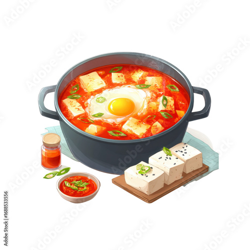 Delicious Sundubu Jjigae Korean Soft Tofu Stew with Fried Egg and Side Dishes