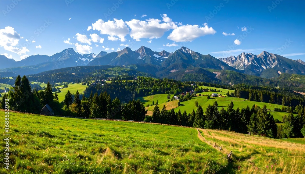 Obraz premium Lush valley, mountain range panorama