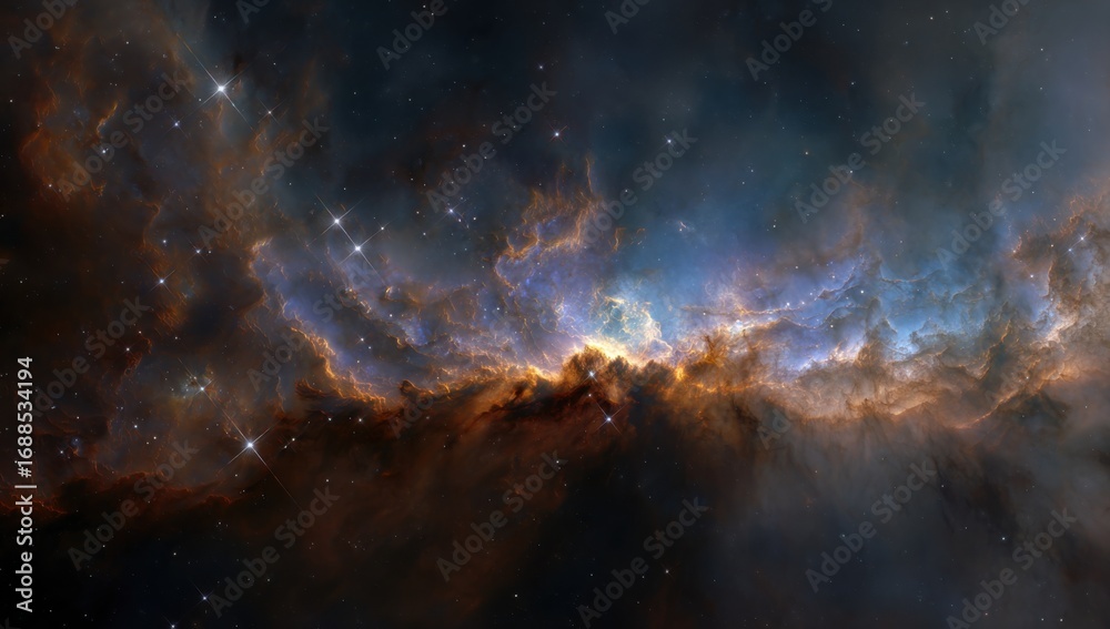 Fototapeta premium Cosmic nebula, swirling hues of orange, brown, blue, and dark. Stars scattered throughout