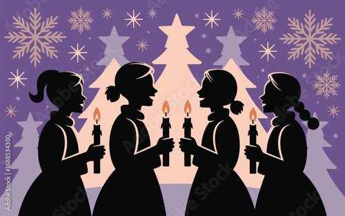 Candlelight Caroling Vector Illustration with Silhouetted Figures