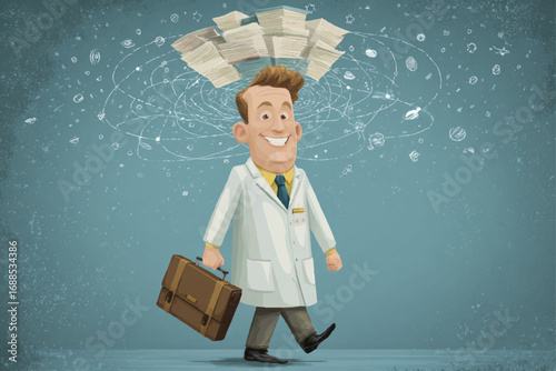 a cartoonish man in a white lab coat carrying a briefcase, surrounded by stacks of money