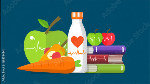 a colorful illustration featuring a bottle with a heart symbol next to it surrounded by fruits and books