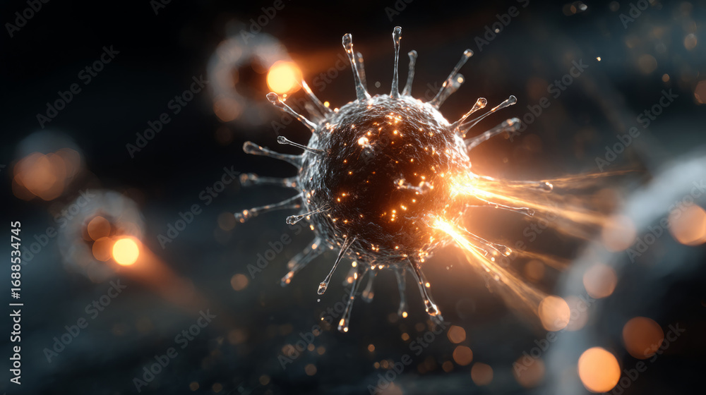 Fototapeta premium lowing biological cells or viruses emitting radiant energy and light trails in a dark fluidic environment