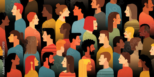a group of people arranged closely together in a vibrant, cartoonish style