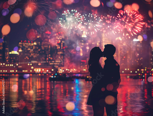 Romantic couple kissing at midnight with fireworks, city skyline background,