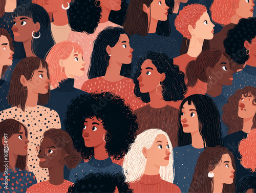 a group of women arranged closely together, displaying different styles and colors.