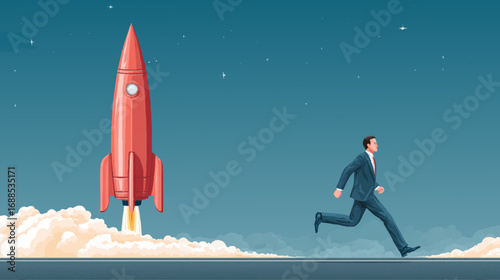 a man in a suit running towards a rocket launch against a clear sky