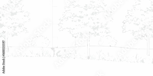 Minimalist white and gray sketch of a landscape with trees grass and a subtle fence line