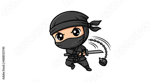 Cartoon Ninja Character with Sword and Chain Weapon.