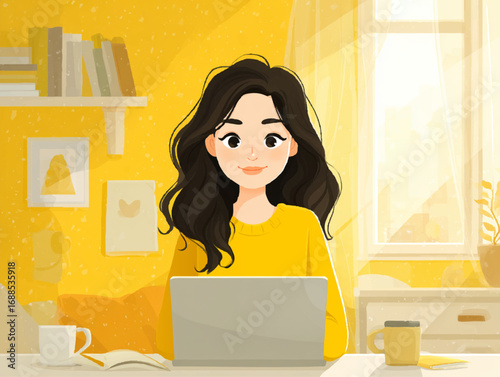 a young woman sitting at a desk using a laptop, smiling brightly.
