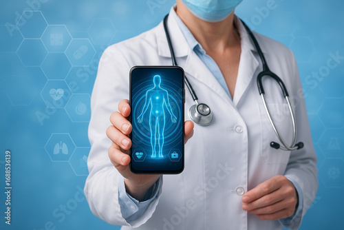 AI generated ultra realistic digital healthcare scene with doctor in white coat holding smartphone projecting glowing human body hologram and medical infographic icons on blue background