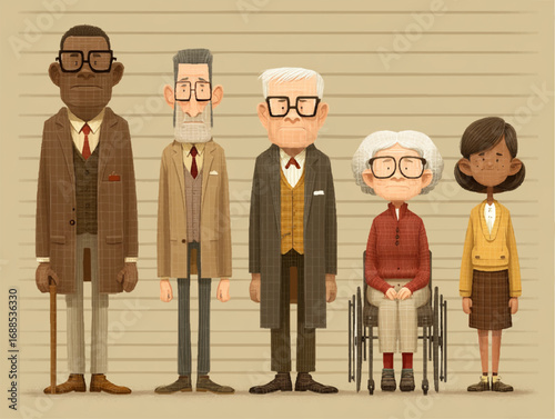 four elderly people lined up against a wall, including an elderly woman in a wheelchair