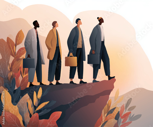 four men in suits standing together on a rocky ledge surrounded by plants