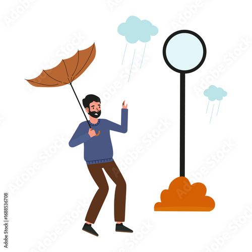 Storm with Man Character Struggle with Umbrella in Hurricane Vector Illustration.