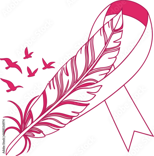 awareness ribbon vector, awareness ribbon with feather vector, awareness ribbon with birds vector, ribbon transforming into birds vector, feather turning into birds vector illustration,