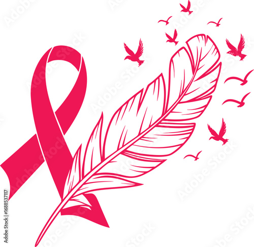 awareness ribbon vector, awareness ribbon with feather vector, awareness ribbon with birds vector, ribbon transforming into birds vector, feather turning into birds vector illustration,
