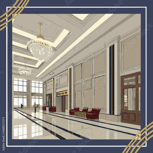 Hotel lobby interior design vector illustration, real estate commercial property, luxury architecture