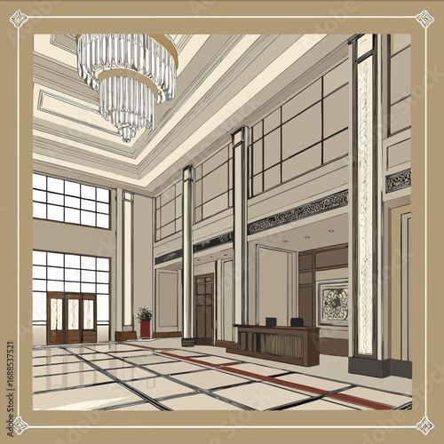 Hotel lobby interior design vector illustration, real estate commercial property, luxury architecture