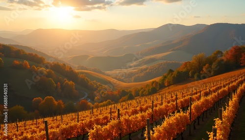 Scenic vineyard in autumn at sunset
