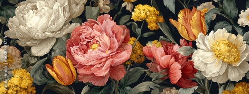 Detailed floral still life print, featuring various blooms in rich colors against a dark backdrop