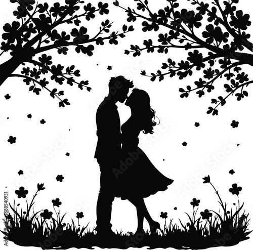Silhouette of Love: A romantic illustration of a couple in silhouette, embracing and kissing under a canopy of blossoming branches.