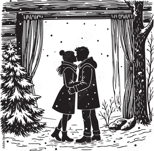 First Kiss in Winter: A silhouetted couple sharing a tender kiss in a wintry wonderland, their embrace a symbol of love and intimacy, with snowflakes gently falling around them.