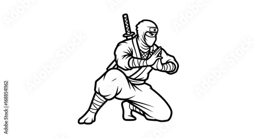 Crouching Ninja Warrior with Katana Sword on Back, Ready to Strike.