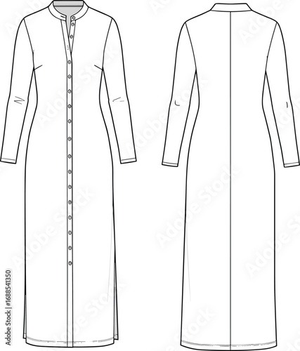 CAD drawing flat vector illustration of long sleeve women’s maxi dress with button front, mandarin collar, side slits, front and back views