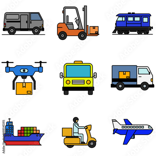 Flat vector icon set of logistics and transportation including delivery van, forklift, cargo train, drone delivery, school bus, courier truck, container ship, motorbike courier, and airplane