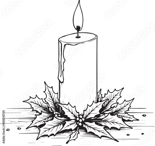 Candle of Hope: An artistic depiction of a single candle, casting a warm glow, surrounded by a wreath, embodying the spirit of festivity and tranquility.