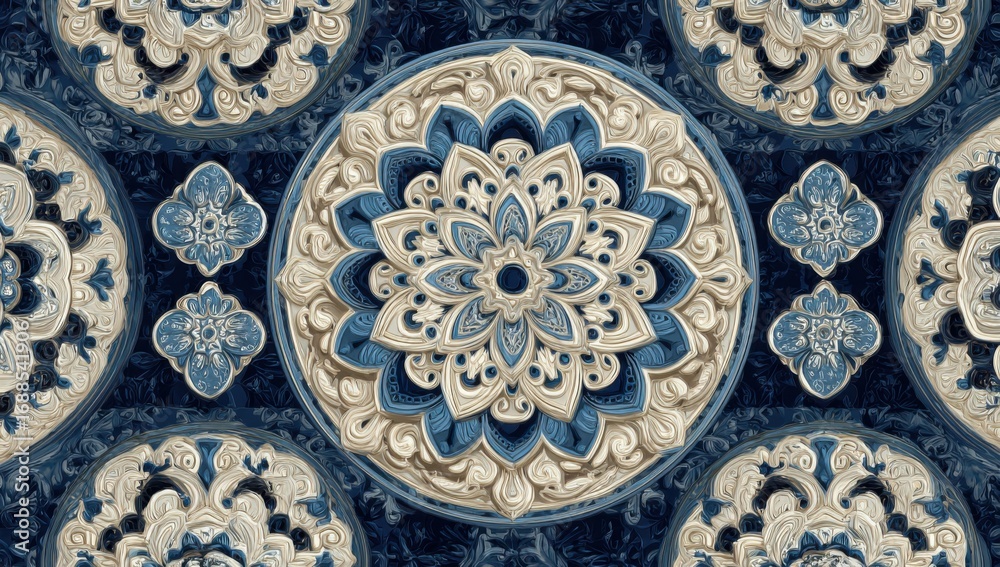 Obraz premium Intricate, layered circular patterns in cream, blue, and dark-blue