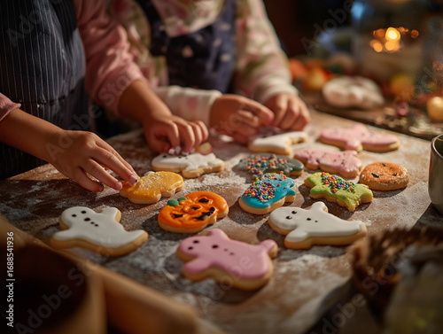Children decorating Halloween cookies at table