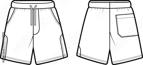 CAD drawing flat vector illustration of men’s casual drawstring shorts, front and back view, fashion technical sketch template
