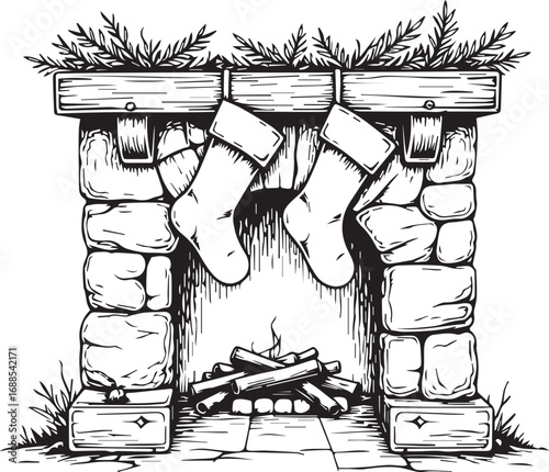 Cozy Fireplace Scene: A detailed, hand-drawn fireplace scene with two hanging stockings, a burning fire, and festive evergreen accents. capturing the warmth and anticipation of the holiday season.