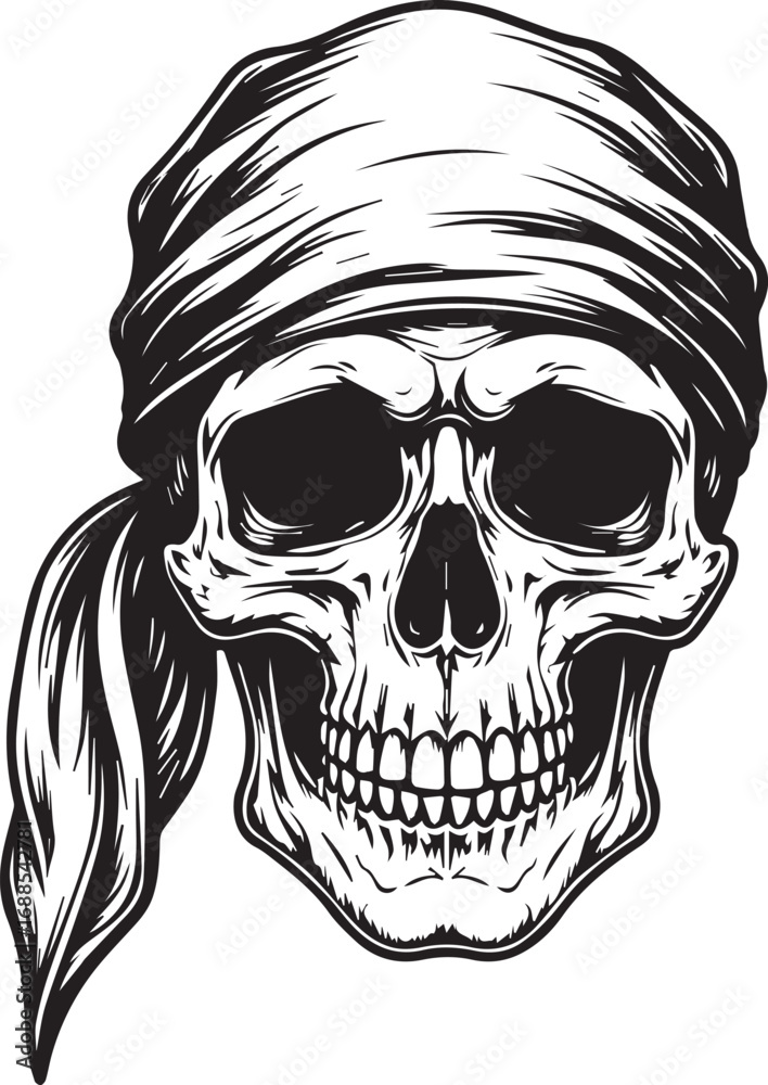 Obraz premium Skull Illustration with Headscarf: A detailed black and white illustration of a skull adorned with a flowing headscarf, exuding a sense of mystery and a touch of rebellious charm.