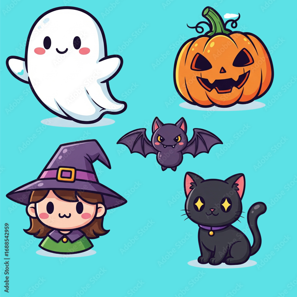Fototapeta premium Cute Chibi Halloween Icon Pack – EPS Vector Set of Ghosts, Pumpkins, Cats, and Witches