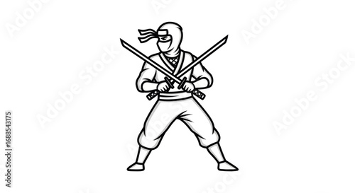 Cartoon Ninja Warrior with Crossed Swords Line Art.
