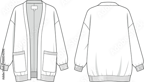CAD drawing flat vector illustration of oversized women's cardigan, front and back technical sketch for fashion design and garment production