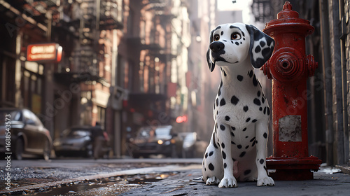 A Dalmatian dog is sitting next to a red fire hydrant in a city street