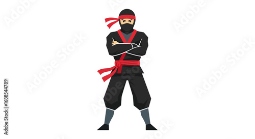Cartoon Ninja Character in Black Costume with Red Accents.