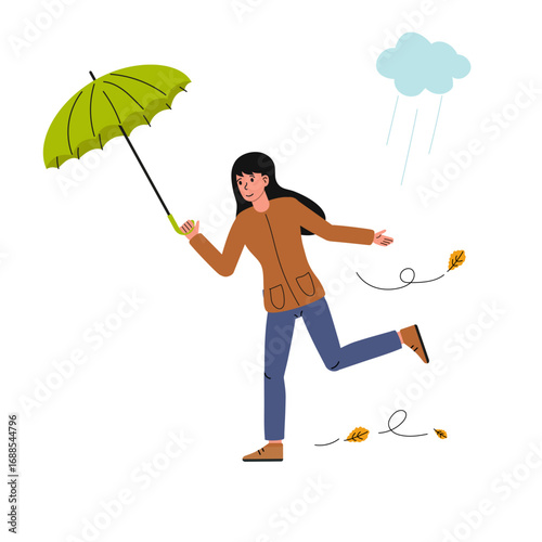 Storm with Woman Character Struggle with Umbrella in Hurricane Vector Illustration.