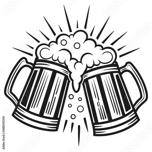 Cheers of Celebration: A classic illustration of two overflowing beer mugs clinking together, representing toast of friendship, celebrating camaraderie in a timeless vintage style. 
